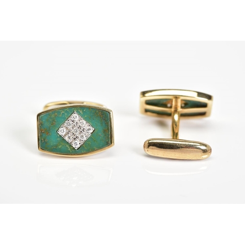 50 - A PAIR OF 9CT GOLD DIAMOND SET CUFFLINKS, each designed with a curved rectangular cut green enamel w... 