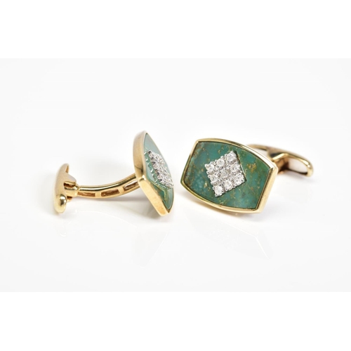 50 - A PAIR OF 9CT GOLD DIAMOND SET CUFFLINKS, each designed with a curved rectangular cut green enamel w... 