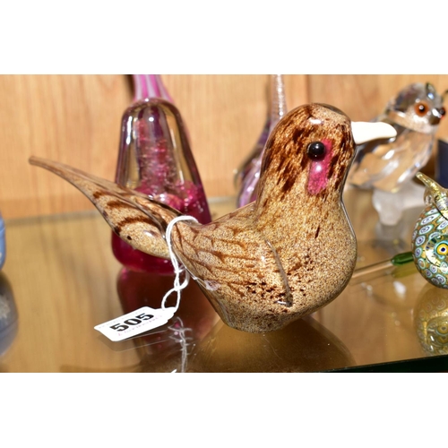 505 - A GROUP OF GLASS PAPERWEIGHTS AND FLOWERS, including Langham glass bird, indistinctly signed, length... 