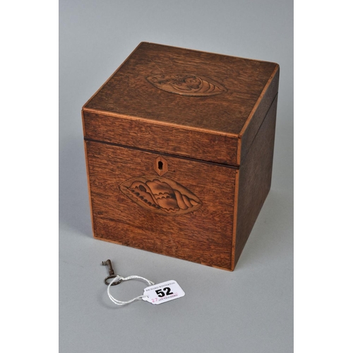 52 - A GEORGE III MAHOGANY AND SATINWOOD INLAID TEA CADDY OF CUBE FORM, circa 1785, the hinged lid and fr... 