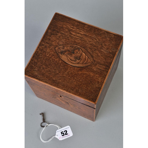 52 - A GEORGE III MAHOGANY AND SATINWOOD INLAID TEA CADDY OF CUBE FORM, circa 1785, the hinged lid and fr... 