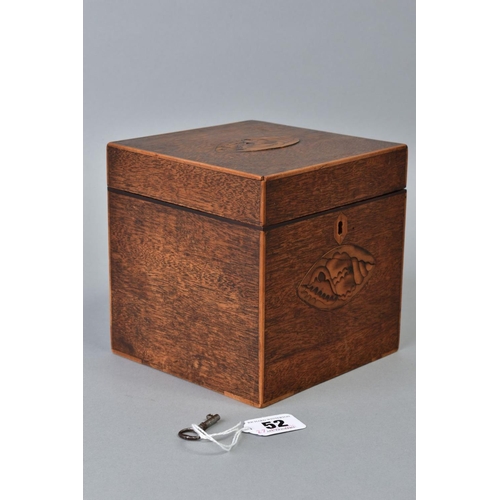 52 - A GEORGE III MAHOGANY AND SATINWOOD INLAID TEA CADDY OF CUBE FORM, circa 1785, the hinged lid and fr... 