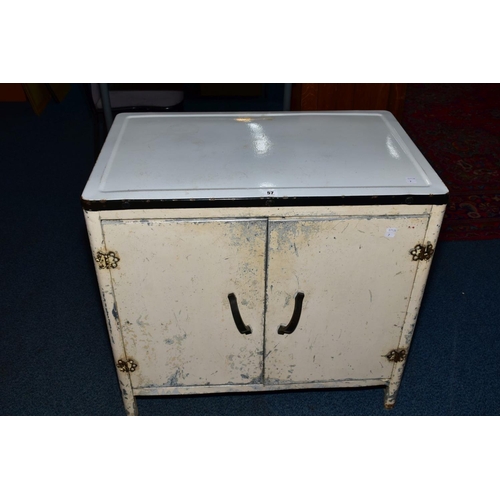 57 - A 1930'S PAINTED METAL DOBLE DOOR KITCHEN CABINET, with enamel top, height 76.5cm x width 84cm x dep... 