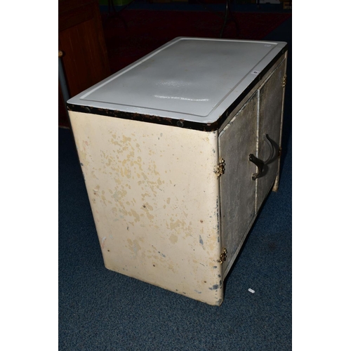 57 - A 1930'S PAINTED METAL DOBLE DOOR KITCHEN CABINET, with enamel top, height 76.5cm x width 84cm x dep... 