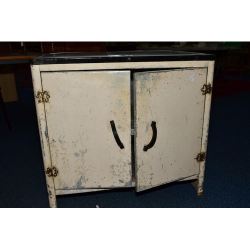 57 - A 1930'S PAINTED METAL DOBLE DOOR KITCHEN CABINET, with enamel top, height 76.5cm x width 84cm x dep... 