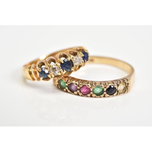 8 - TWO RINGS to include a late Victorian gold sapphire and diamond half hoop ring, estimated old Swiss ... 