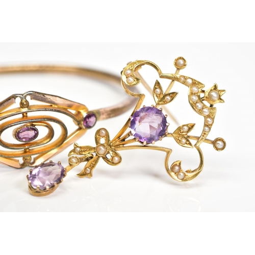 10 - AN AMETHYST COLLECTION OF JEWELLERY to include an early 20th Century amethyst gold plated oval hinge... 