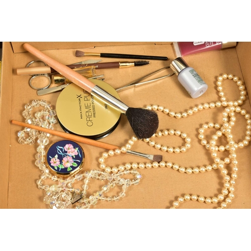 105 - A QUANTITY OF SILVER, COSTUME JEWELLERY, COSMETICS, etc, including a cased set of six George V pisto... 