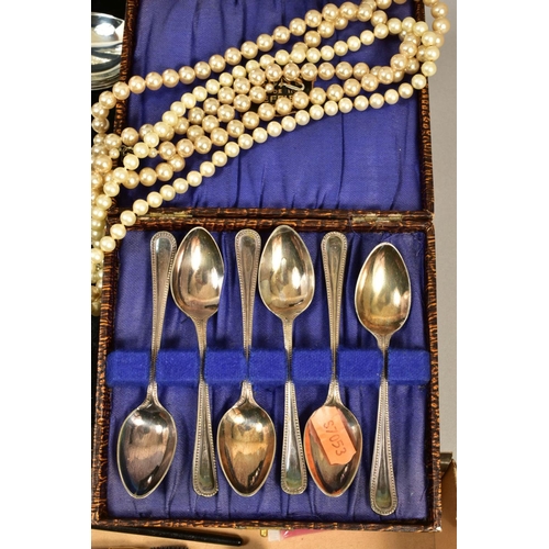 105 - A QUANTITY OF SILVER, COSTUME JEWELLERY, COSMETICS, etc, including a cased set of six George V pisto... 