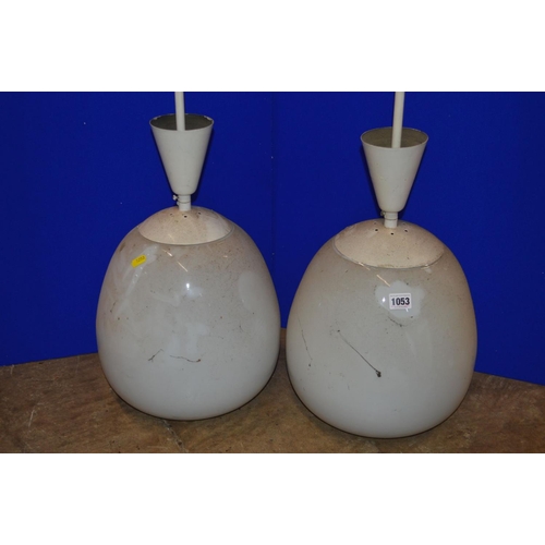 1053 - A PAIR OF OPAQUE WHITE OVOID GLASS AND OVER PAINTED NICKEL PLATED CEILING LIGHT FITTINGS, approximat... 