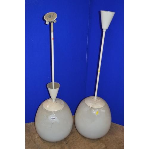 1054 - A PAIR OF OPAQUE WHITE OVOID GLASS AND OVER PAINTED NICKEL PLATED CEILING LIGHT FITTINGS, approximat... 