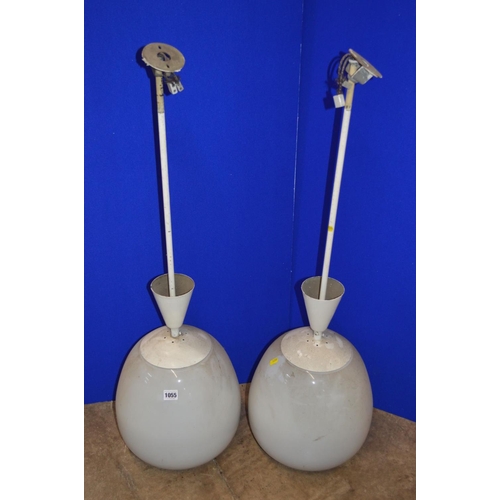 1055 - A PAIR OF OPAQUE WHITE OVOID GLASS AND OVER PAINTED NICKEL PLATED CEILING LIGHT FITTINGS, approximat... 