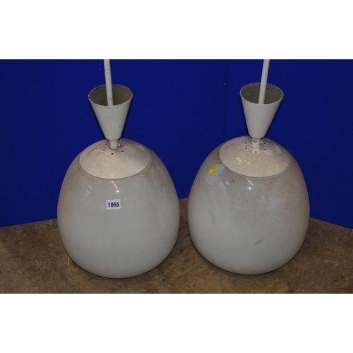 1055 - A PAIR OF OPAQUE WHITE OVOID GLASS AND OVER PAINTED NICKEL PLATED CEILING LIGHT FITTINGS, approximat... 