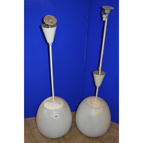 1057 - A PAIR OF OPAQUE WHITE OVOID GLASS AND OVER PAINTED NICKEL PLATED CEILING LIGHT FITTINGS, approximat... 