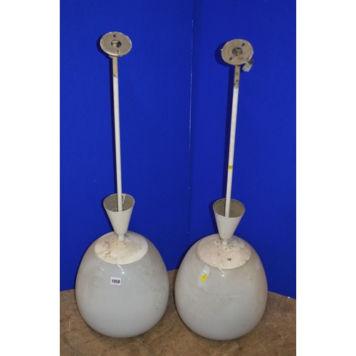 1058 - A PAIR OF OPAQUE WHITE OVOID GLASS AND OVER PAINTED NICKEL PLATED CEILING LIGHT FITTINGS, approximat... 