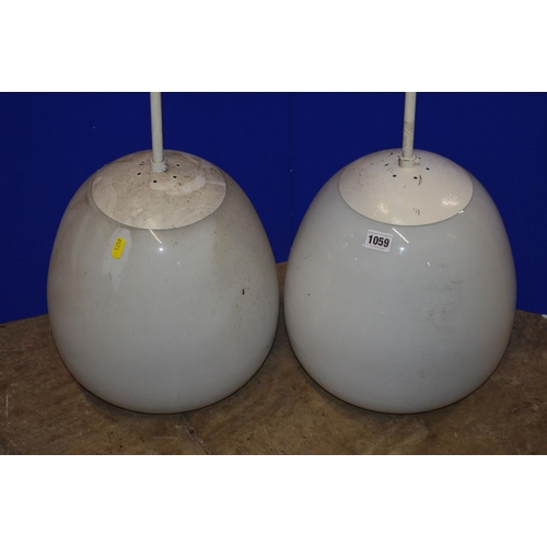 1059 - A PAIR OF OPAQUE WHITE OVOID GLASS AND OVER PAINTED NICKEL PLATED CEILING LIGHT FITTINGS, approximat... 