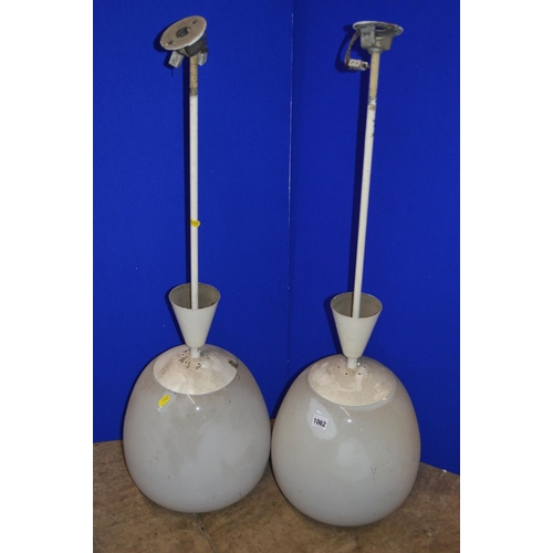 1062 - A PAIR OF OPAQUE WHITE OVOID GLASS AND OVER PAINTED NICKEL PLATED CEILING LIGHT FITTINGS, approximat... 