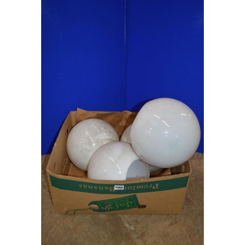 1066 - A BOX CONTAINING FOUR OPAQUE WHITE GLASS SPHERICAL CEILING LIGHT FITTINGS, approximate diameter 30cm... 