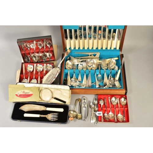 107 - A COLLECTION OF SILVER AND PLATED CUTLERY AND FLATWARE, including a set of five George III silver Ol... 