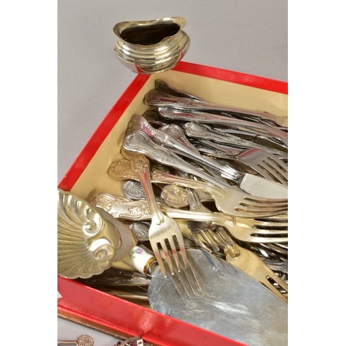 110 - A BOX OF SILVER, SILVER PLATE AND STAINLESS STEEL, including a George V pierced silver bon bon baske... 