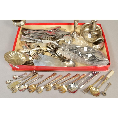 110 - A BOX OF SILVER, SILVER PLATE AND STAINLESS STEEL, including a George V pierced silver bon bon baske... 