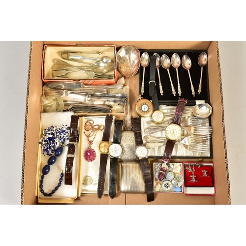 111 - A BOX OF SILVER, COSTUME JEWELLERY, WATCHES, including a gent's Tissot PR 516 wristwatch, a gold pla... 