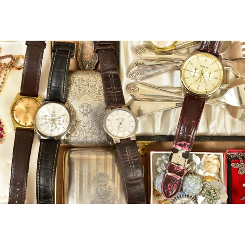 111 - A BOX OF SILVER, COSTUME JEWELLERY, WATCHES, including a gent's Tissot PR 516 wristwatch, a gold pla... 