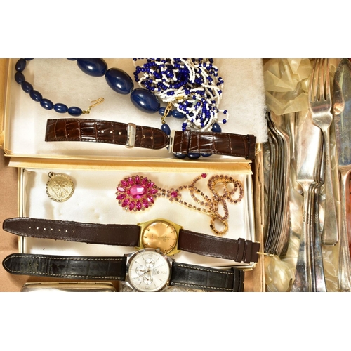 111 - A BOX OF SILVER, COSTUME JEWELLERY, WATCHES, including a gent's Tissot PR 516 wristwatch, a gold pla... 