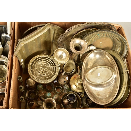 113 - FOUR BOXES OF SILVER PLATE, STAINLESS STEEL AND PEWTER, including Old Hall tea wares, candelabra, ca... 