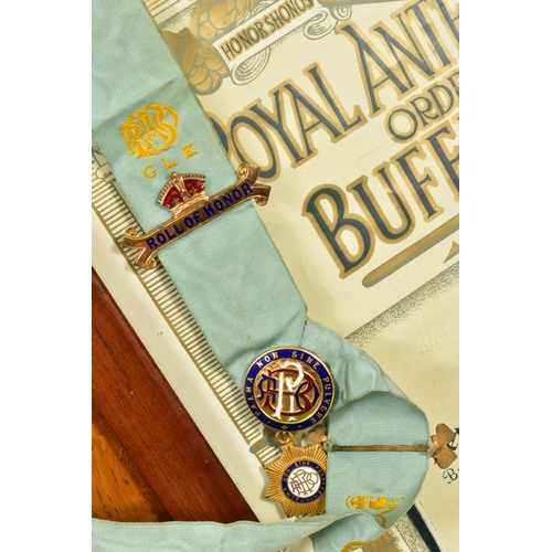 114 - ROYAL ANTEDILUVIAN ORDER OF BUFFALOES INTEREST, including three silver gilt and enamel medallions an... 