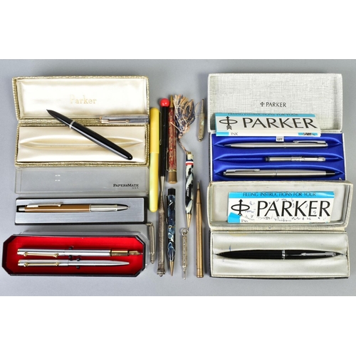 117 - A SELECTION OF ITEMS, to include four Parker fountain pens and Paper Mate, together with a rolled go... 