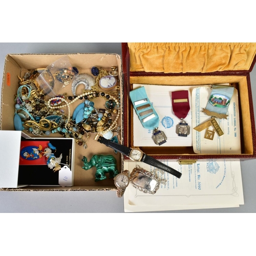 118 - A BOX OF ITEMS, to include an Italian micro mosaic brooch, a jewelled Donald duck figure, a carved m... 