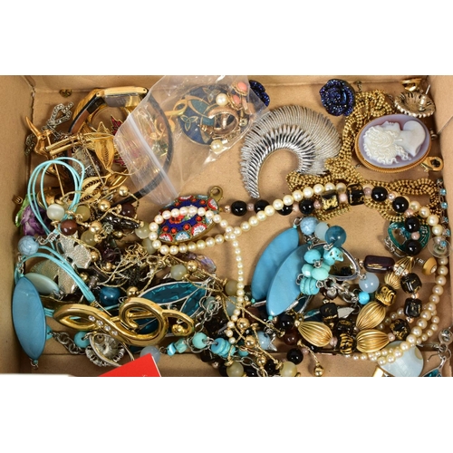 118 - A BOX OF ITEMS, to include an Italian micro mosaic brooch, a jewelled Donald duck figure, a carved m... 