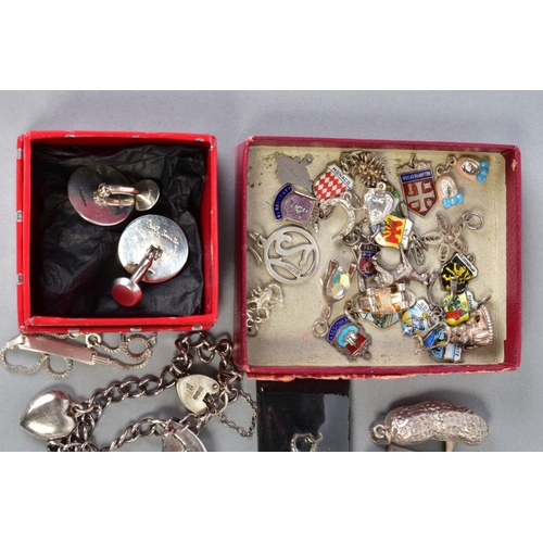 120 - A SELECTION OF ITEMS, to include six silver engraved bangles, a silver curb link charm bracelet, wit... 