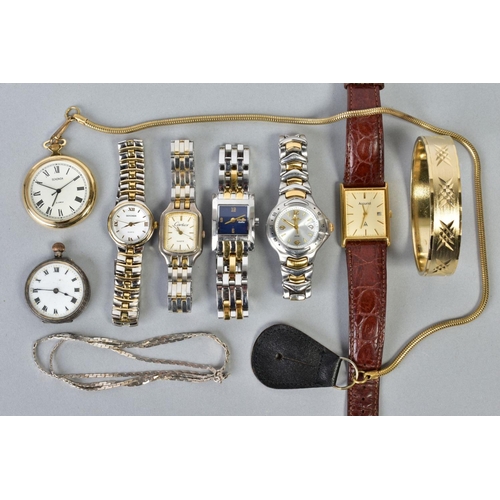 121 - A BOX OF WRISTWATCHES AND POCKET WATCH, to include a quartz Sekonda, an Accurist wristwatch, a silve... 