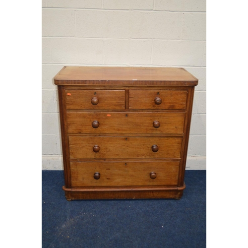 1311 - A VICTORIAN WALNUT CHEST OF TWO SHORT AND THREE LONG GRADUATING DRAWERS, width 105cm x depth 51cm x ... 