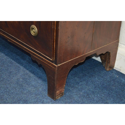 1315 - A GEORGIAN FLAME MAHOGANY AND INLAID CHEST OF TWO SHORT AND THREE LONG GRADUATED DRAWERS, on bracket... 