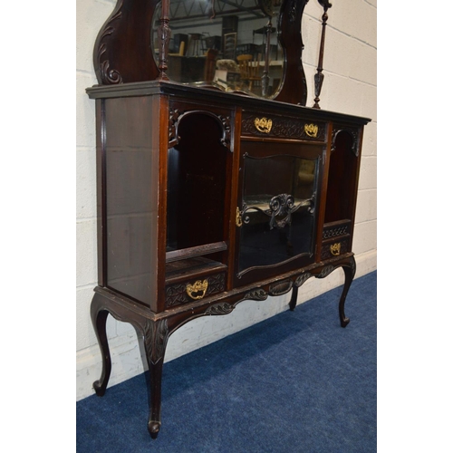 1316 - AN EDWARDIAN MAHOGANY CHIFFONIER, with various mirrors, shelves and single central cupboard door, wi... 