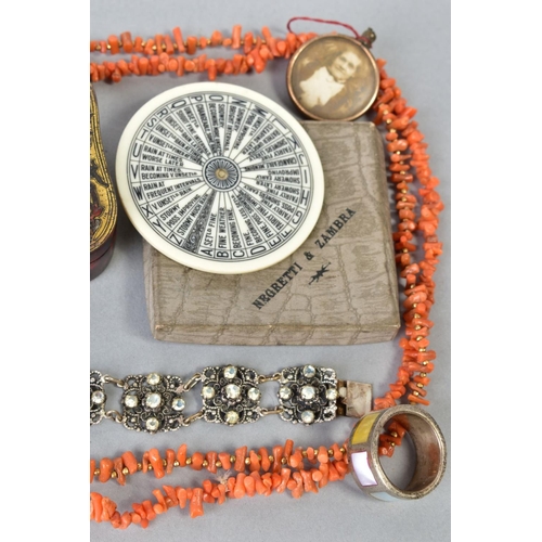 133 - A SELECTION OF ITEMS, to include a coral branch necklace, a Victorian engraved oval brooch, a hinged... 