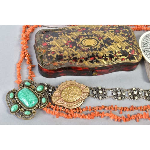 133 - A SELECTION OF ITEMS, to include a coral branch necklace, a Victorian engraved oval brooch, a hinged... 