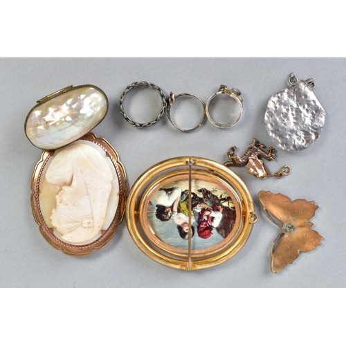 135 - A SELECTION OF ITEMS, to include an oval cameo brooch depicting a lady in profile, a large double vi... 