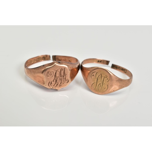 139 - TWO 9CT GOLD RINGS, the first of an oval signet design with engraved initials to front, with a 9ct h... 