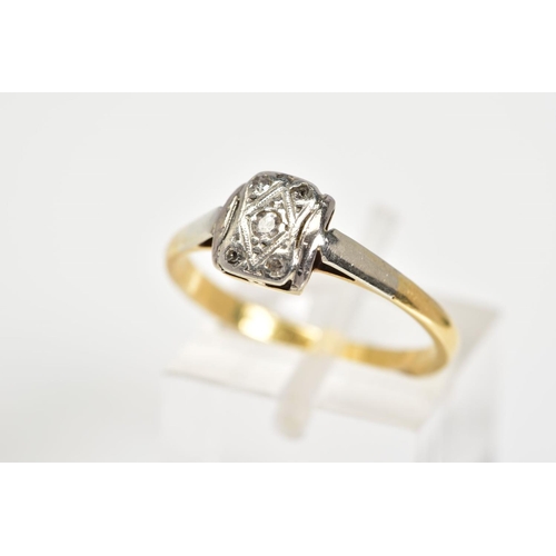 145 - A DIAMOND RING, designed with a central square panel set with five single cut diamonds, with engrave... 