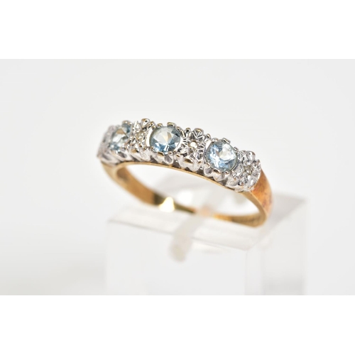 146 - A 9CT GOLD HALF ETERNITY RING, set with three circular cut aquamarines, interspaced by four single c... 