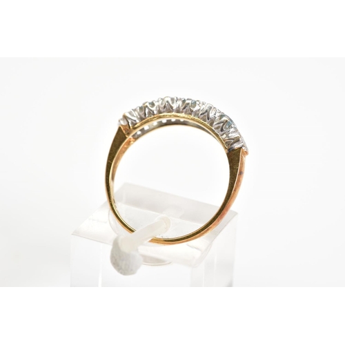 146 - A 9CT GOLD HALF ETERNITY RING, set with three circular cut aquamarines, interspaced by four single c... 