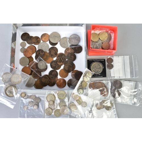 148 - A SMALL BOX OF MAINLY UK COINAGE to include an amount of silver coins, 1887 crown, 1903, 1909 florin... 