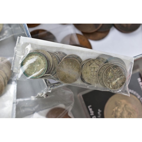 148 - A SMALL BOX OF MAINLY UK COINAGE to include an amount of silver coins, 1887 crown, 1903, 1909 florin... 