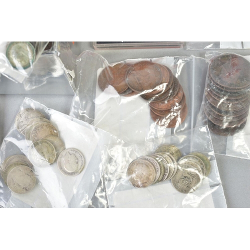 148 - A SMALL BOX OF MAINLY UK COINAGE to include an amount of silver coins, 1887 crown, 1903, 1909 florin... 