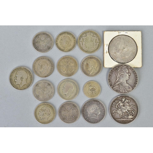 149 - A BOX OF SILVER COINAGE to include a George III 1817 halfcrown, a 1899 crown, other crown size coins... 