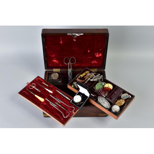 154 - A GENTLEMANS TRAVEL BOX AND ITEMS, wooden box length 330mm, to include boot hooks, scissors, glass b... 